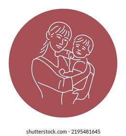 Cute asian mother with baby color line illustration. LGBT adoption of children