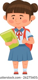 Cute asian schoolgirl wearing uniform, holding book and backpack, smiling and ready for school, back to school concept, education, learning, childhood, student, pupil