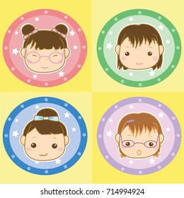 Cute Asian smiley girl cartoon with circle badge