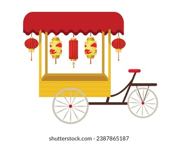 Cute Asian street food bike or trolley, decorated with traditional lanterns. Isolated on white background vector illustration