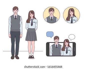 Personajes de estudiantes asiáticos con uniforme escolar. Varios cuadros. ilustraciones de diseño vectorial de estilo dibujado a mano. 