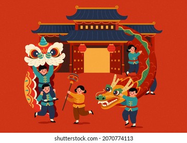 Cute asiatische Jugendliche, die Folkloredrache und Löwen tanzen, tanzen vor dem Tempeltor. Ikonisches chinesisches Neujahrsbild