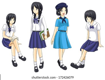 Cute Asian Thai high schoolgirl and girl scout nursing student in official uniform and posing icon collection set 4, create by vector