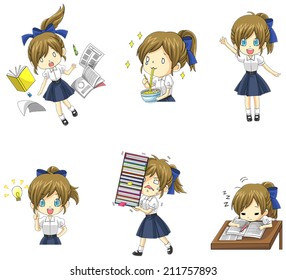 Cute Asian Thai schoolgirl student in uniform in various activities, expression and emotion icon set 1, create by vector