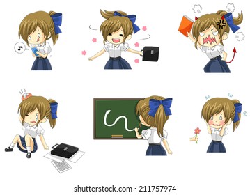 Cute Asian Thai schoolgirl student in uniform in various activities, expression and emotion icon set 2, create by vector