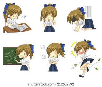 Cute Asian Thai schoolgirl student in uniform in various activities, expression and emotion icon set 3, create by vector 