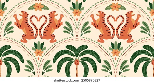 Cute Asian tiger and tropical palm tree seamless pattern. Summer jungle damask ornament. Vector wild animal symmetry design, exotic arched print, hand drawn Indian textile, background, wallpaper.