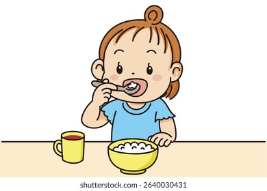 Cute Asian toddler eating rice with spoon in correct grip