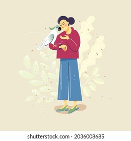 Cute Asian woman hold a white parrot on her hand. Pet owner. Colorful vector illustration in flat cartoon style.