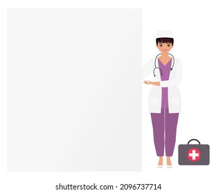 Cute asian woman in medicine uniform pointing to blank board. Copy space. Cartoon flat style. Vector illustration 