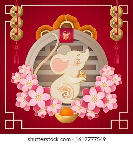 Cute Asian Zodiac Rat wishing you happy Chinese New Year. Concept for square social media banner. Red and gold papercut, bunch of coins, many flowers and mandarin. Hieroglyph means: 'rat'