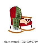 Cute asleep cat is lying, has a rest on cozy rocking chair with blanket. Happy kitty relaxes, sleeps on comfortable swinging armchair. Autumn aesthetics. Flat isolated vector illustration on white