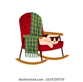 Cute asleep cat is lying, has a rest on cozy rocking chair with blanket. Happy kitty relaxes, sleeps on comfortable swinging armchair. Autumn aesthetics. Flat isolated vector illustration on white