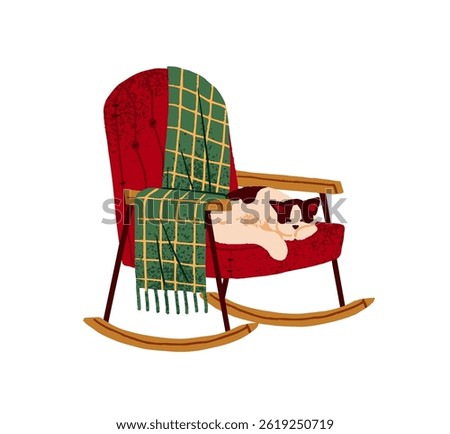Cute asleep cat is lying, has a rest on cozy rocking chair with blanket. Happy kitty relaxes, sleeps on comfortable swinging armchair. Autumn aesthetics. Flat isolated vector illustration on white