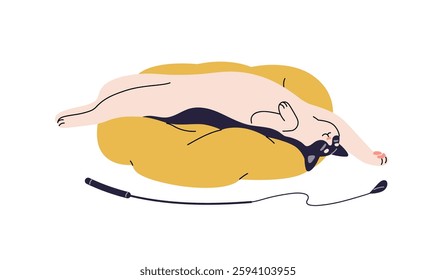 Cute asleep cat lying on back, spreads, stretching on bed. Tired kitty sleeps, relaxes on cushion. Happy kitten napping, has a rest on pillow. Flat isolated vector illustration on white background