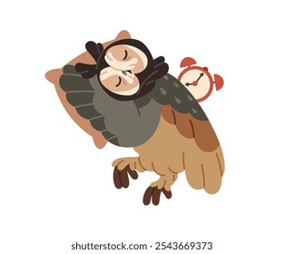 Cute asleep eagle owl lying on pillow. Tired night bird sleeps at day. Feathered animal with alarm clock naps, has a rest, relaxes at bedtime. Flat isolated vector illustration on white background