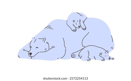 Cute asleep family of polar bears lying. White furry animal and its cubs have a rest together. Tired mother and babies of North Pole nap, relaxes. Arctic fauna. Flat isolated vector illustration