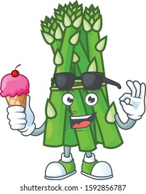Cute asparagus cartoon character with ice cream