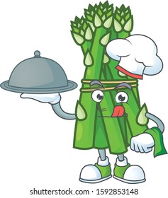 Cute asparagus as a Chef with hat and tray cartoon style design