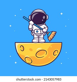 Cute Asronaut Holding Broom On The Moon Cartoon Vector Icon Illustration. Science Technology Icon Concept Isolated Premium Vector. Flat Cartoon Style