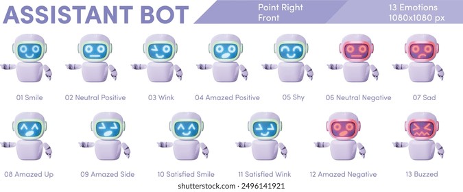 Cute Assistance Bot - Point Right - Front View - Emotions Range (Smile, Neutral, Wink, Amazed, Shy, Sad, Negative, Amazed, Satisfied, Buzzed)