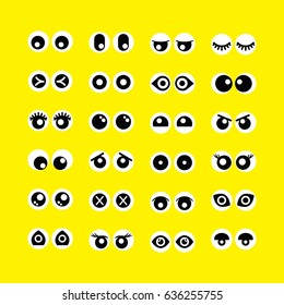 Cute assorted cartoon circle eyeballs emoji icons set on yellow background
