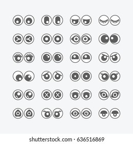 Cute assorted cartoon circle eyeballs emoji icons set on yellow background
