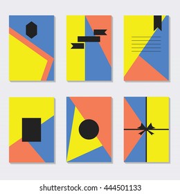 Cute assorted yellow, blue, and coral trendy cards templates set with empty black labels, bow, and ribbons design elements