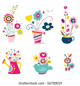 Cute assortment of flowers in vases with various shapes, teapot, watering can.