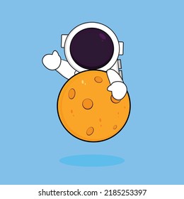 cute astonaut hugging the moon,waing