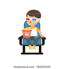 Cute Astonished Little Boy In 3d Glasses Sitting On A Blue Chair, Eating Popcorn And Watching 3D Movie In The Cinema Vector Illustration