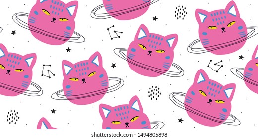 Cute astro cat animal seamless pattern perfect for kids fashion apparel on white background. Space cat. - Vector