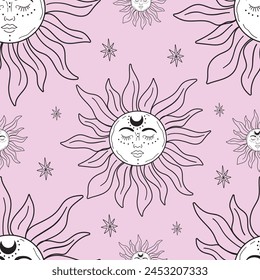 Cute astrological sun pattern with moon in forehead on pink isolated background.Vector sun in mystical art style. For tarot cards, mystical decor.