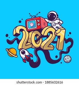 Cute Astronaut In 2021 New Year Space Cartoon Vector Icon Illustration. People Technology Icon Concept Isolated Premium Vector. Flat Cartoon Style