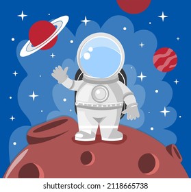 Cute astronaut abstract concept. Character with spacesuit travels in outer space and waves his hand standing on moon. Outer space with planets, comets and stars. Cartoon flat vector illustration