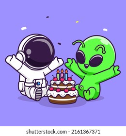 Cute Astronaut And Alien With Birthday Cake Cartoon Vector Icon Illustration. Science Food Icon Concept Isolated Premium Vector. Flat Cartoon Style