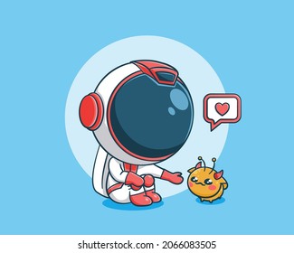 Cute astronaut with a cute alien cartoon illustration