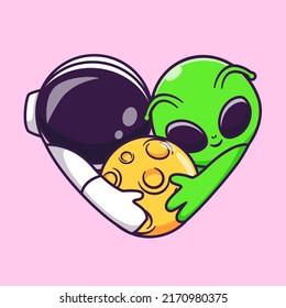 Cute Astronaut And Alien Couple Hug Moon Cartoon Vector Icon Illustration. Science Technology Icon Concept Isolated Premium Vector. Flat Cartoon Style