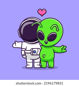 Cute Astronaut And Alien Couple Together Cartoon Vector Icon Illustration Science Technology Icon Concept Isolated Premium Vector. Flat Cartoon Style