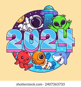 Cute Astronaut, Alien, Diver, Octopus And Shark Playing In
2024 New Year Cartoon Vector Icon Illustration. Science
Holiday Icon Concept Isolated Premium Vector. Flat Cartoon
Style
