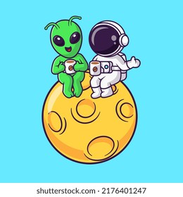 Cute Astronaut With Alien Drink Coffee On Moon Cartoon Vector Icon Illustration. Science Technology Icon Concept Isolated Premium Vector. Flat Cartoon Style