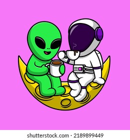 Cute Astronaut With Alien Drink Coffee On Moon Cartoon Vector Icon Illustration. Science Technology Flat Cartoon Concept