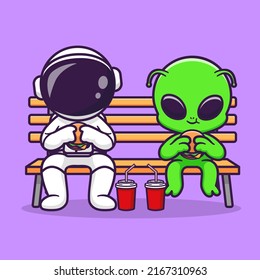 Cute Astronaut And Alien Eating Fastfood On Bench Park Cartoon Vector Icon Illustration Science Food Icon Concept Isolated Premium Vector. Flat Cartoon Style