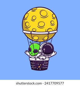 Astronauta Y Extranjero Flotando Con Luna De Globo De Aire Caliente
Ilustración del icono del vector de dibujos espaciales. Transporte de ciencias 
Vector Premium Aislado con Concepto de Icono. Estilo de dibujo plano