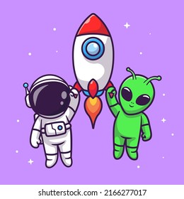 Cute Astronaut And Alien Flying With Rocket In Space Cartoon Vector Icon Illustration. Science Technology Icon Concept Isolated Premium Vector. Flat Cartoon Style