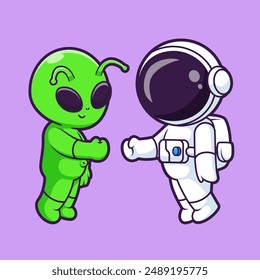 Netter Astronaut und Alien Hand Faust Cartoon Vektorgrafik Icon Illustration. Wissenschaft Technologie Icon Concept Isolated Premium Vektorgrafik. Flacher Zeichentrickstil