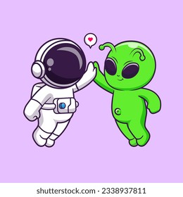 Cute Astronaut And Alien High Five Cartoon Vector Icon Illustration. Science Technology Icon Concept Isolated Premium Vector. Flat Cartoon Style