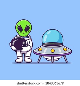 Cute Astronaut Alien Holding Helmet With Spaceship UFO Cartoon Vector Icon Illustration. Science Technology Icon Concept Isolated Premium Vector. Flat Cartoon Style