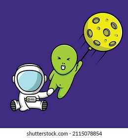 Cute Astronaut With Alien Holding The Moon Balloon Cartoon Vector Icon Illustration. Science Holiday Icon Concept Isolated Premium Vector. Flat Cartoon Style