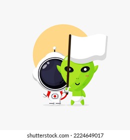 Cute astronaut and alien holding white flag cartoon illustration